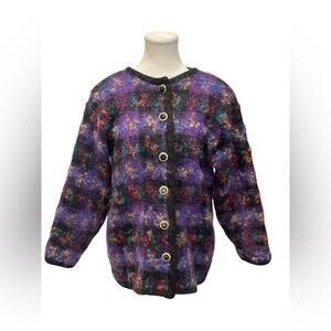 Vintage solferino Purple Multicolor Wool Blend Knit Oversized Cardigan M